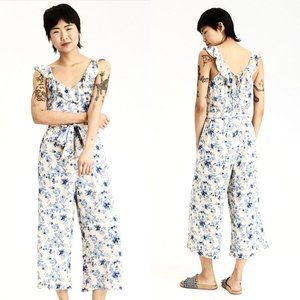 American Eagle Outfitters Cropped Jumpsuit Sz XS Blue Floral w Self Belt